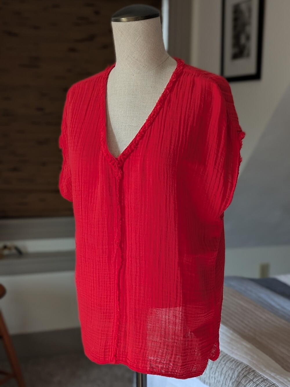 Michael Stars Red Textured V-Neck Top
